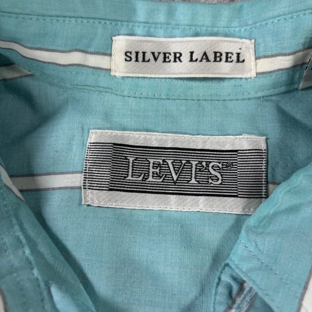 Levis Silver Tab Men Medium Turquoise White Striped Short Sleeve Button Down 90s